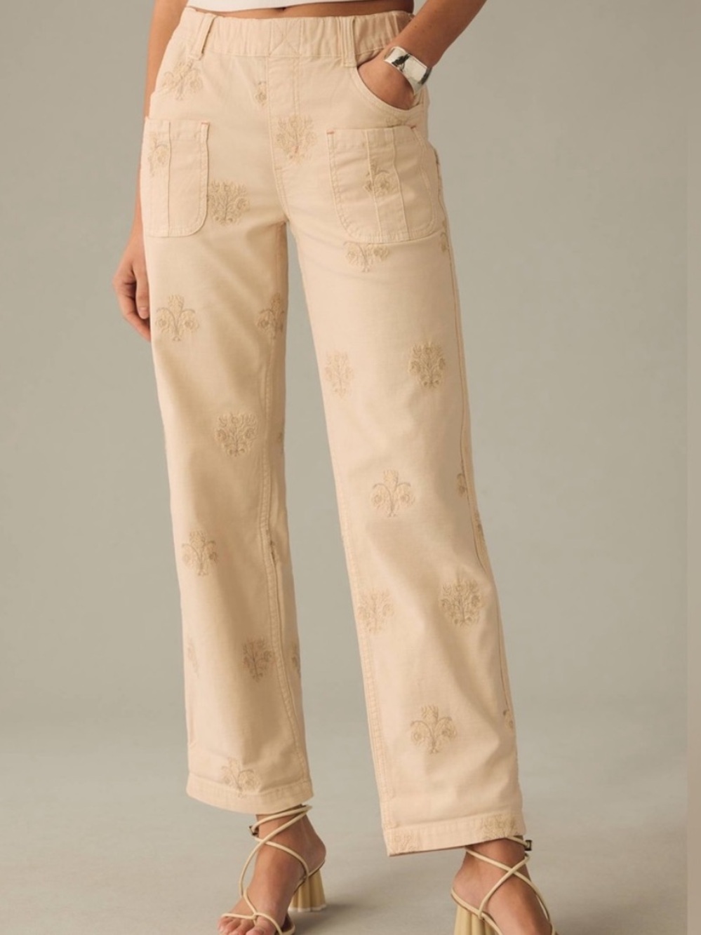 Pilcro Rustic Pull-On Pants Tan Embroidered Trousers Extra Small Pant